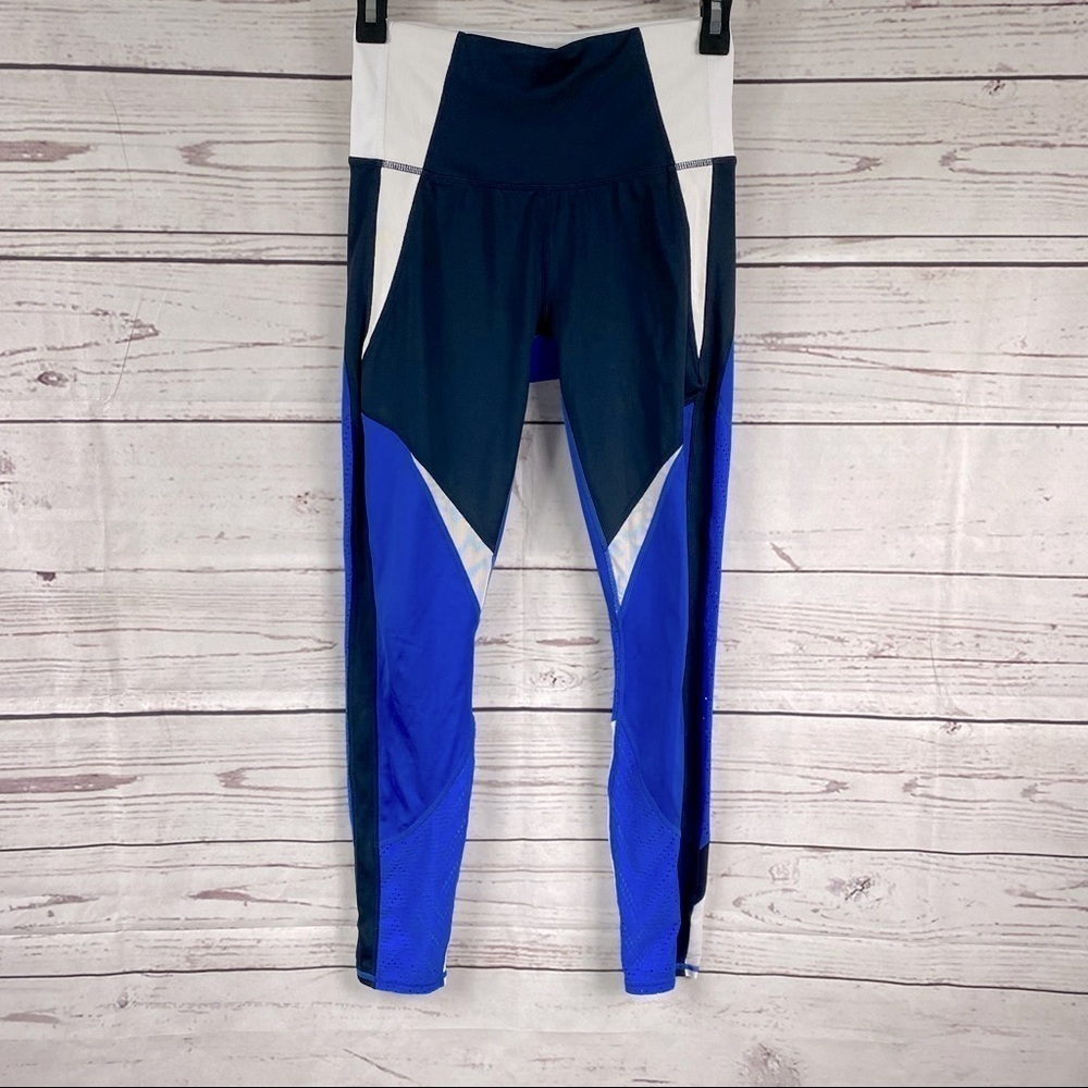 ATHLETA blue and white spandex workout performance running leggings Sz XS